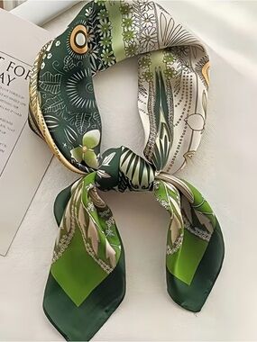 Green Botanical Print Silk-Feel Neck Scarf